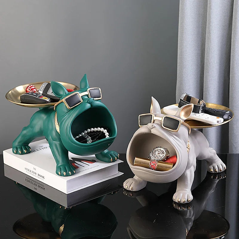 XMGZQ French Bulldog Statue and Figurines,French Bulldog Storage Decoration,Bulldog Bowl with Tray,Key Bowl for Entryway Table,Candy Dish for Office Desk,English Bulldog Tray