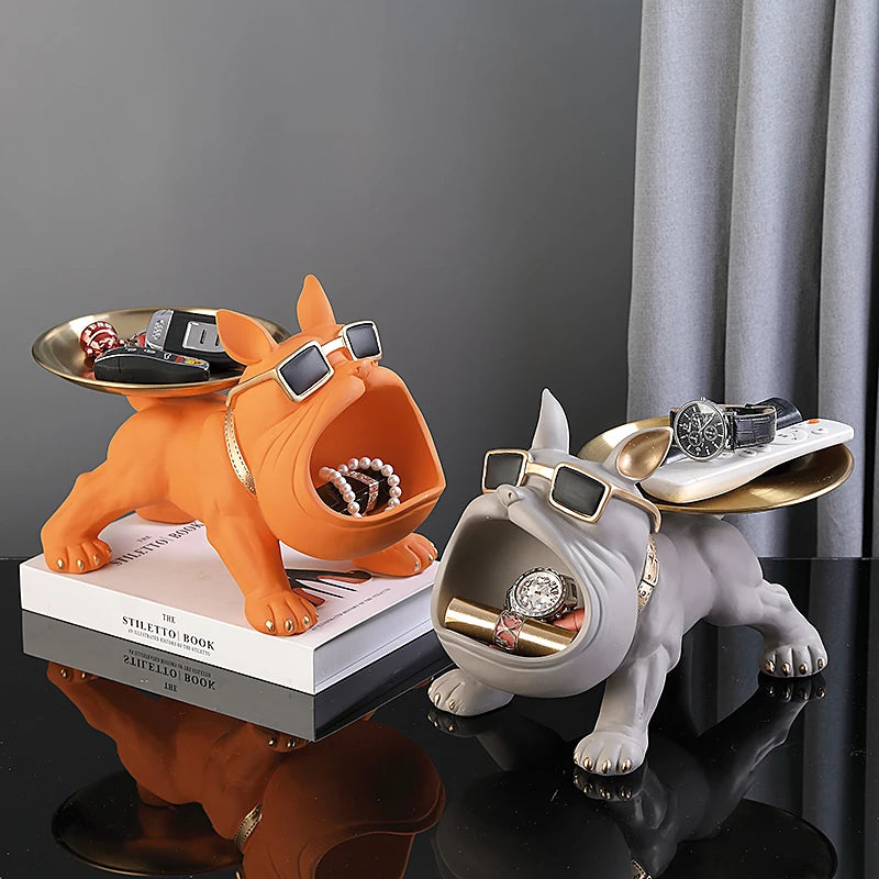 XMGZQ French Bulldog Statue and Figurines,French Bulldog Storage Decoration,Bulldog Bowl with Tray,Key Bowl for Entryway Table,Candy Dish for Office Desk,English Bulldog Tray