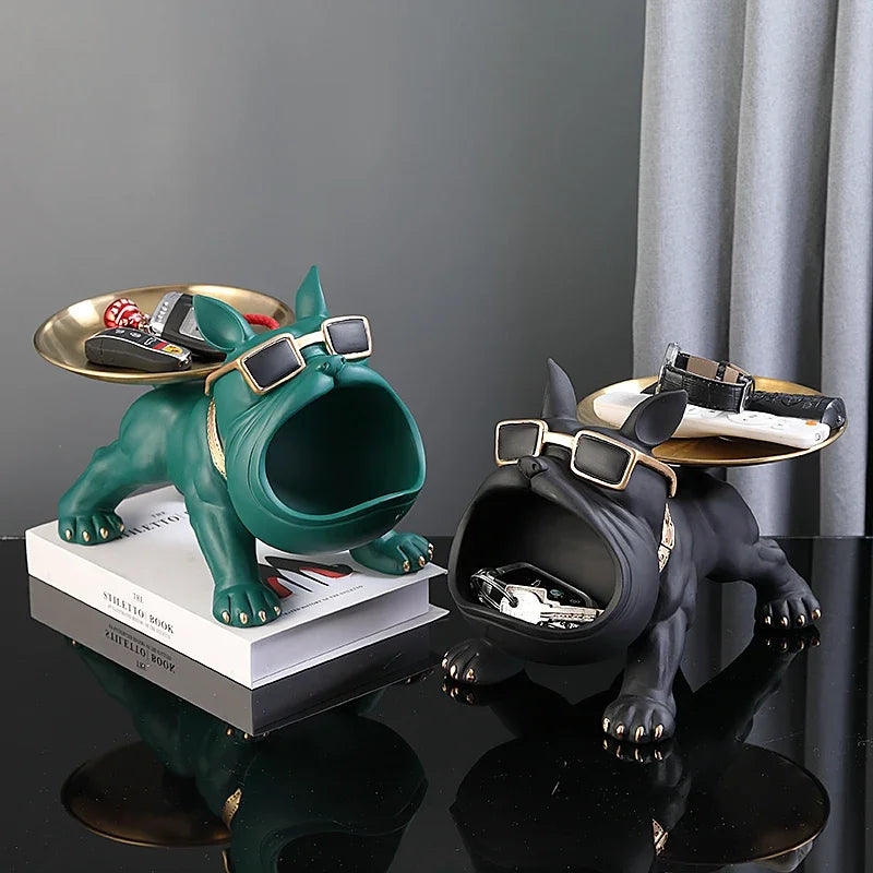 XMGZQ French Bulldog Statue and Figurines,French Bulldog Storage Decoration,Bulldog Bowl with Tray,Key Bowl for Entryway Table,Candy Dish for Office Desk,English Bulldog Tray