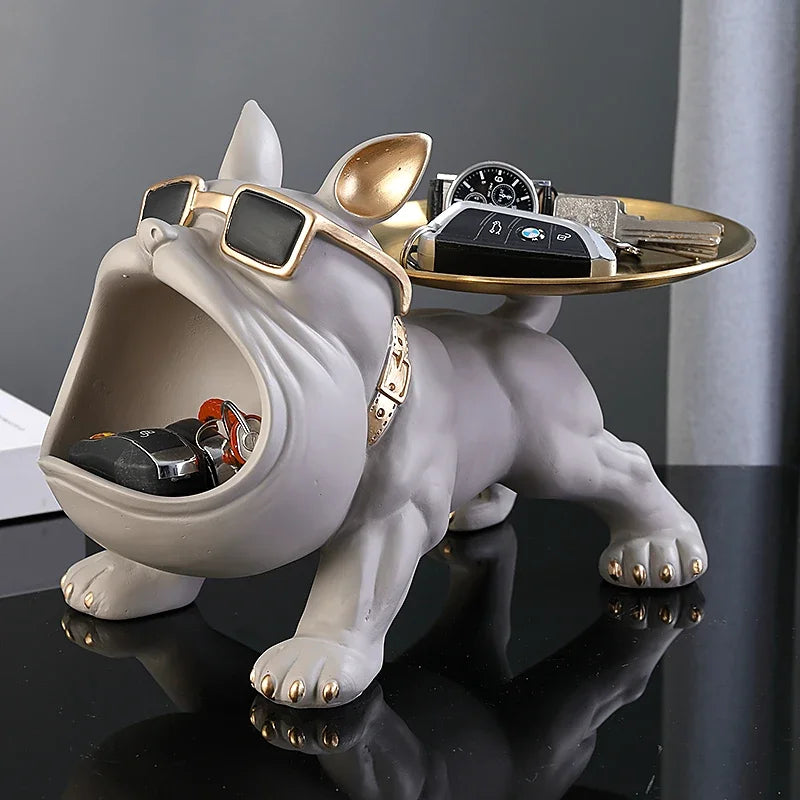 XMGZQ French Bulldog Statue and Figurines,French Bulldog Storage Decoration,Bulldog Bowl with Tray,Key Bowl for Entryway Table,Candy Dish for Office Desk,English Bulldog Tray